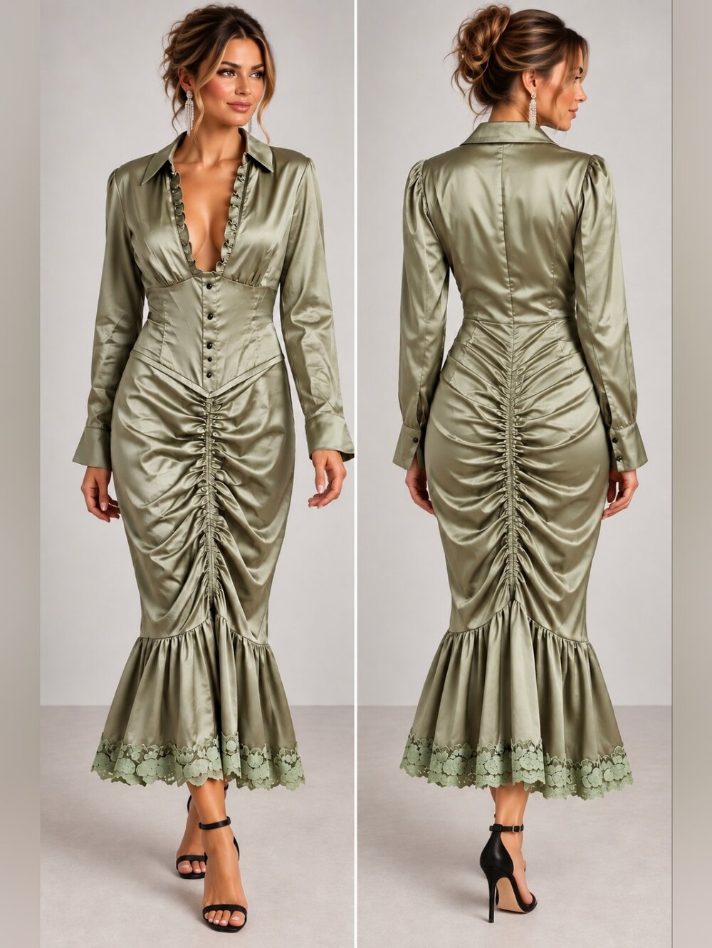 FuTario Corset Mermaid Ruched Lace Midi Dress Long Sleeve Sage Green Size Large